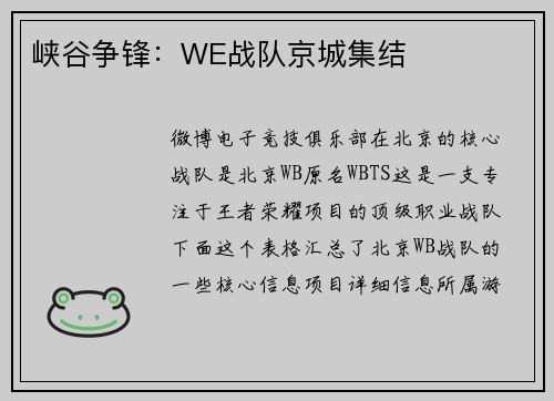 峡谷争锋：WE战队京城集结